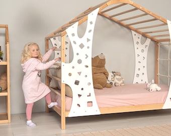 Letto da arrampicata Montessori BusyWood, struttura in legno per letto da gioco per bambini, letto da palestra per arrampicata per bambini piccoli, palestra per attività in legno, letto per bambini con parete da arrampicata