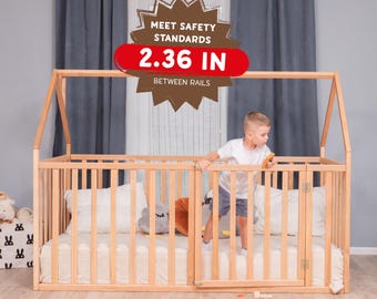 House Playpen Bed with Extra Protection, Safety Toddler Floor Bed, Low Platform Bed, Solid Wood Bed Frame, Busywood Kids Furniture