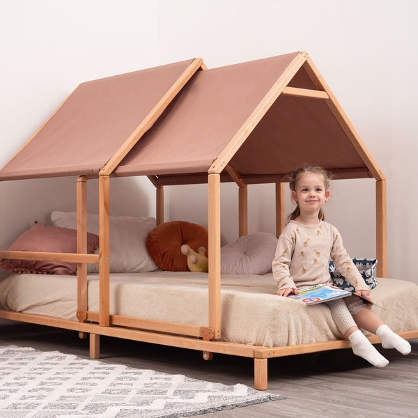 Rolling Rooftop Montessori Bed, Canopy Bed with Legs, House Bed, Toddler Bed, Headboard Bed, Montessori Furniture, Nursery Decor, Bed Frame