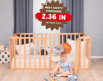Montessori Bed, Floor Bed for Toddler, Platform Bed Frame, Wooden Baby Gate, Solid Wood Bed with Extra Protection, Busywood Kids Furniture