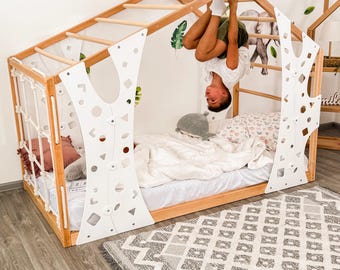 BusyWood Montessori-klimbed, houten bedframe voor kinderen spelen, bed voor peuterklimmen, houten activiteitengym, kinderbed met klimmuur
