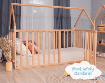 House Playpen Bed with Extra Protection by Busywood, Safety Standards, Low Platform Bed, Solid Wood Bed Frame