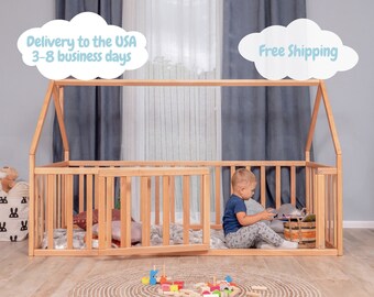 Montessori Platform House bed, Playpen Bed for Kids, Wooden Bed Frame