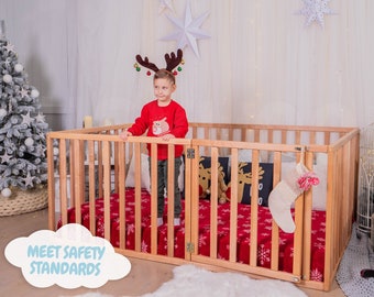 Montessori Bed with Fall Protection, Floor Bed with Extra High Railing, Indoor Playground, Safe Bed Frame, Solid Wood Bed, Christmas gift