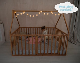 Montessori Baby Laufstall mit extra hohen Schienen von Busywood, Haus Laufstall Bett, Plattform Kleinkind Bett, Indoor Spielplatz