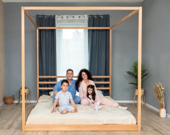 Square Canopy Bed, Four Poster Bed, King Size Bed, Low Platform Bed, Floor Bed Frame by BusyWood