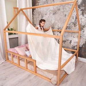Toddler Wooden House Bed, Montessori Floor Bed, Kids Bed, Loft Floor Bed Frame, Climbing Bed For Children, Nursery Decor, Playground Bed