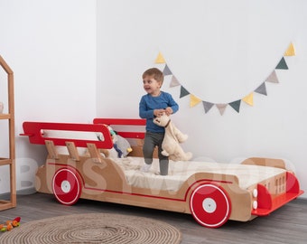 Cama Turbo Car de Busywood, Cama con listones, Cama de carrera para niños pequeños, Marco de cama, Muebles para niños, Cama para niños Montessori, Dormitorio para niños, Decoración de guardería