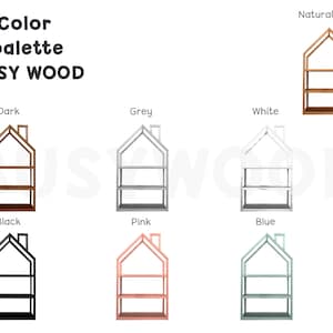 May include: A set of seven wooden house-shaped bookshelves in different colors, including natural, dark, grey, white, pink, blue, and black. The shelves have three tiers and are labeled with the color names.