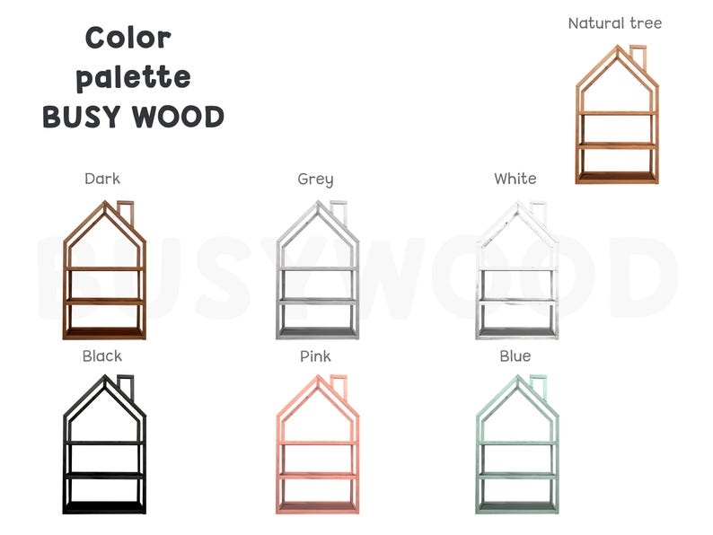 May include: A set of seven wooden house-shaped bookshelves in different colors, including natural, dark, grey, white, pink, blue, and black. The shelves have three tiers and are labeled with the color names.