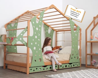 Toddler Bed with Legs, Toddler Gym, Montessori Bed, Storage Bed, Wooden Play Bed with Climbing Wall, Indoor Playground, Montessori Furniture