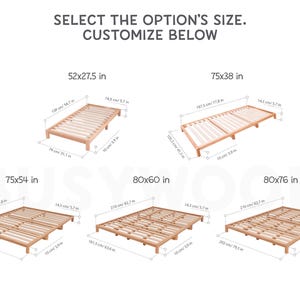 K&ouml;nnte beinhalten: Diagramm mit verschiedenen Gr&ouml;&szlig;en von Holzlattenrost. Die Gr&ouml;&szlig;en sind 52x27,5 Zoll, 75x54 Zoll, 75x38 Zoll, 80x60 Zoll und 80x76 Zoll.