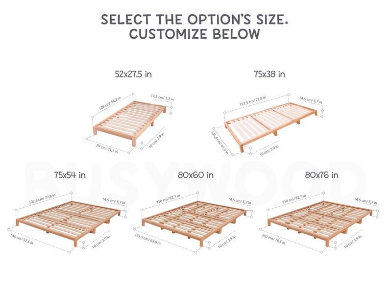 K&ouml;nnte beinhalten: Diagramm mit verschiedenen Gr&ouml;&szlig;en von Holzlattenrost. Die Gr&ouml;&szlig;en sind 52x27,5 Zoll, 75x54 Zoll, 75x38 Zoll, 80x60 Zoll und 80x76 Zoll.
