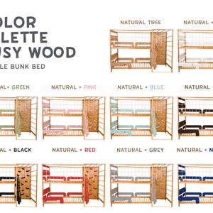Pu&ograve; includere: Una tavolozza di colori che mostra un letto a castello Jungle in varie combinazioni. Le opzioni includono Naturale Albero, Naturale + Bianco, Naturale + Verde, Naturale + Rosa, Naturale + Blu, Naturale + Scuro, Naturale + Nero, Naturale + Rosso, Naturale + Grigio e Naturale + Blu Navy.