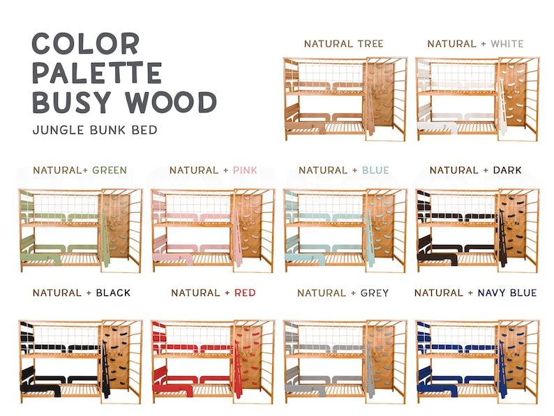 Pu&ograve; includere: Una tavolozza di colori che mostra un letto a castello Jungle in varie combinazioni. Le opzioni includono Naturale Albero, Naturale + Bianco, Naturale + Verde, Naturale + Rosa, Naturale + Blu, Naturale + Scuro, Naturale + Nero, Naturale + Rosso, Naturale + Grigio e Naturale + Blu Navy.