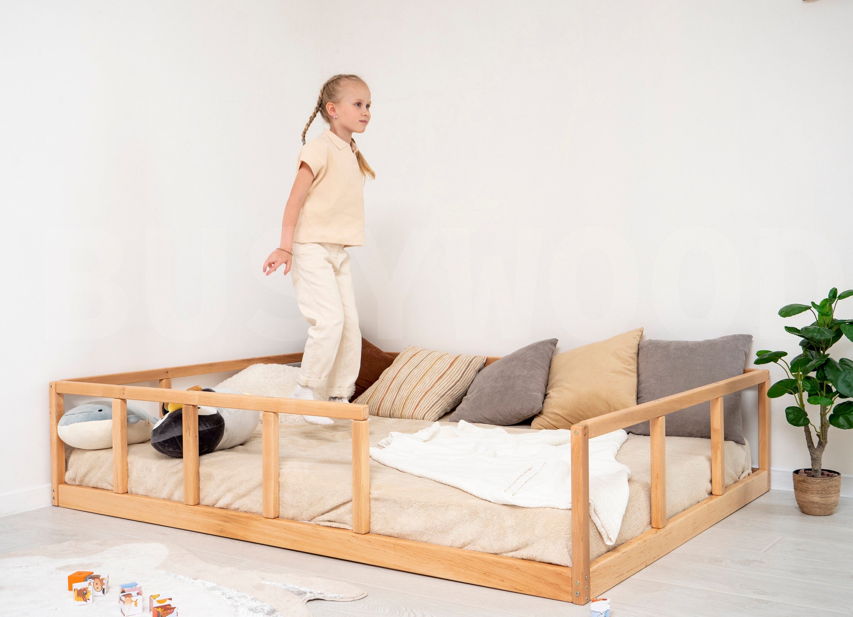 BUSYWOOD Montessori Floor Bed Frame with Rails - Floor Bed for Toddlers-  Girl Bed- Kids Beds for Boy - Twin Bed Frame for Kids - Full Queen King  Size