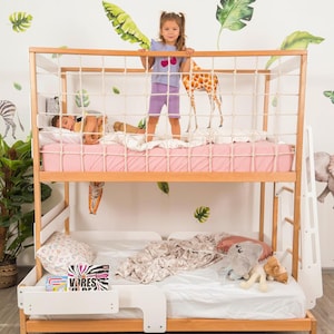Twin Over Full Kids Bunk Bed, Toddler Bunk Bed, Montessori Twins Bed, Kids Playhouse, Loft Kids Bed with Climbing Net, Kids Furniture image 2