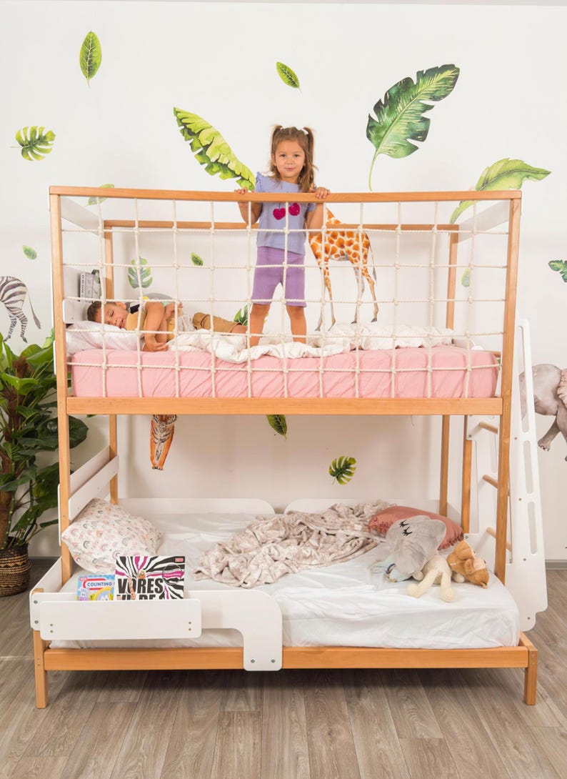 Twin Over Full Kids Bunk Bed, Toddler Bunk Bed, Montessori Twins Bed, Kids Playhouse, Loft Kids Bed with Climbing Net, Kids Furniture image 2