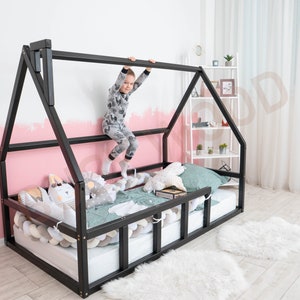 Montessori Modern Kids Room Decor Toddler Floor Bed Platform bed Gift for Him Wood House Play Room Bed Tent