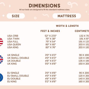 May include: A chart showing the dimensions of different mattress sizes in both feet and inches and centimeters. The chart includes sizes for the USA, UK, and EU.