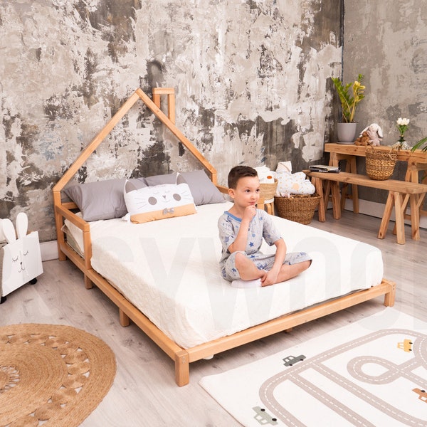 Wood bed Montessori toddler Twin bed  Montessori bed full Modern kids Full bed frame Kids furniture