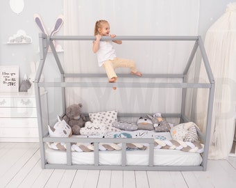 Montessori Toddler Bed, Twin House Bed Frame, Kids Furniture, Farmhouse, Indoor Playground, Climbing Play Bed, Bedroom Decor, Canopy Bed