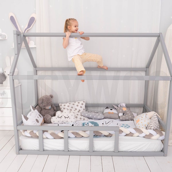 Montessori Toddler Bed, Twin House Bed Frame, Kids Furniture, Farmhouse, Indoor Playground, Climbing Play Bed, Bedroom Decor, Canopy Bed