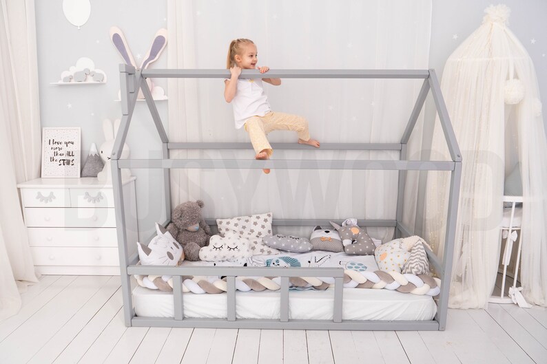 Montessori Toddler Grey Twin House Bed Frame Kids Furniture Farmhouse Indoor Playroom 