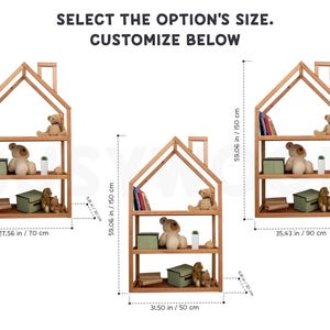 May include: A wooden house-shaped bookshelf with three shelves. The bookshelf is available in three sizes: 27.56 inches by 59.06 inches, 31.50 inches by 59.06 inches, and 35.43 inches by 59.06 inches. The bookshelf is made of natural wood and has a simple, modern design.