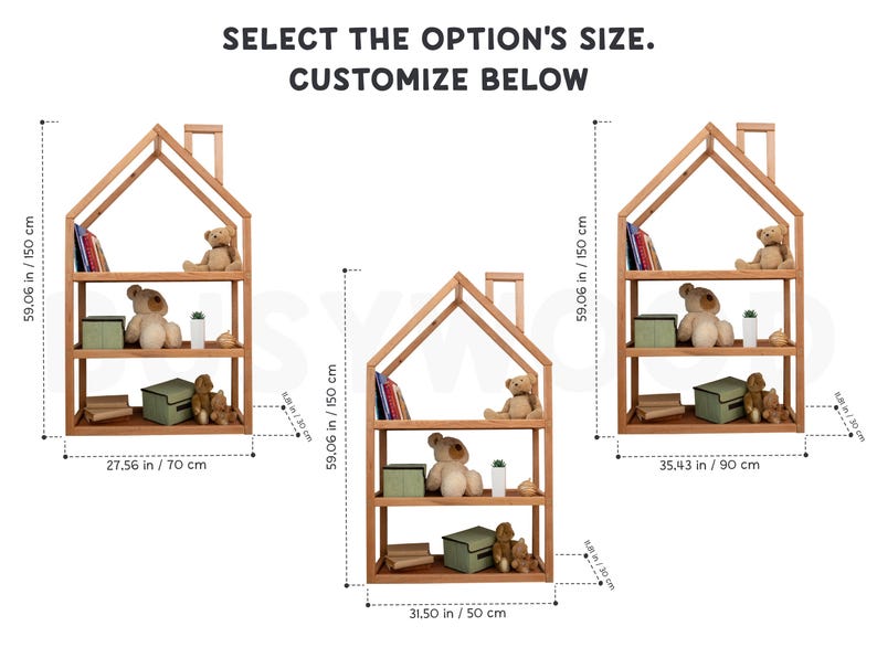 May include: A wooden house-shaped bookshelf with three shelves. The bookshelf is available in three sizes: 27.56 inches by 59.06 inches, 31.50 inches by 59.06 inches, and 35.43 inches by 59.06 inches. The bookshelf is made of natural wood and has a simple, modern design.