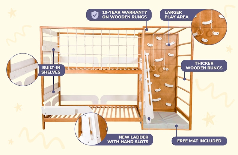 Pu&ograve; includere: Letto a castello in legno con parete da arrampicata, anelli e scala. Include mensole integrate, 10 anni di garanzia sui pioli in legno e un materassino gratuito. La scala ha fessure per le mani e l'area giochi &egrave; pi&ugrave; grande.