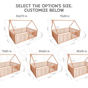 May include: Wooden playpen with a house-shaped frame, available in multiple sizes. The image shows various dimensions in inches, including 52x27.5 in, 75x38 in, 75x54 in, 80x60 in, and 80x76 in. Text reads: SELECT THE OPTION'S SIZE. CUSTOMIZE BELOW.