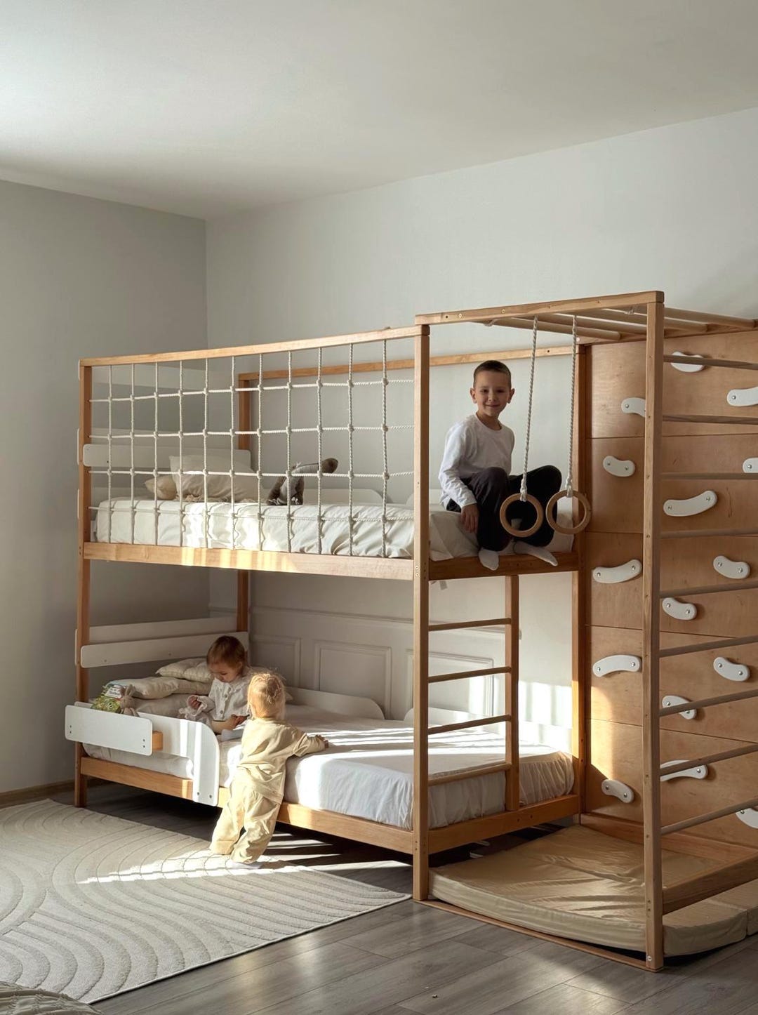Litera, cama Montessori para gemelos, cama gimnasio para niños pequeños, cama individual, literas para niños, muebles Montessori, estructura de cama alta, gimnasio infantil - Etsy España