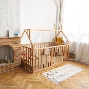 House Playpen Bed with Fall Protection and Slatted Frame by Busywood, Solid Wood Platform Bed image 7