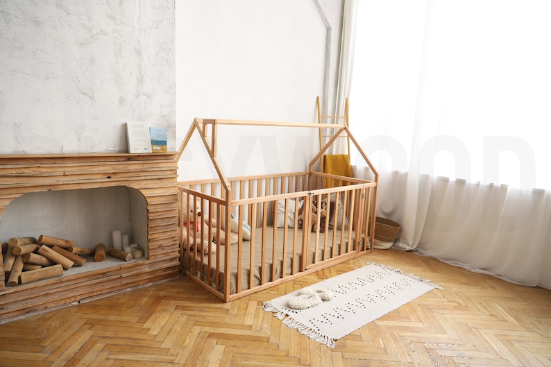 House Playpen Bed with Fall Protection and Slatted Frame by Busywood, Solid Wood Platform Bed image 7