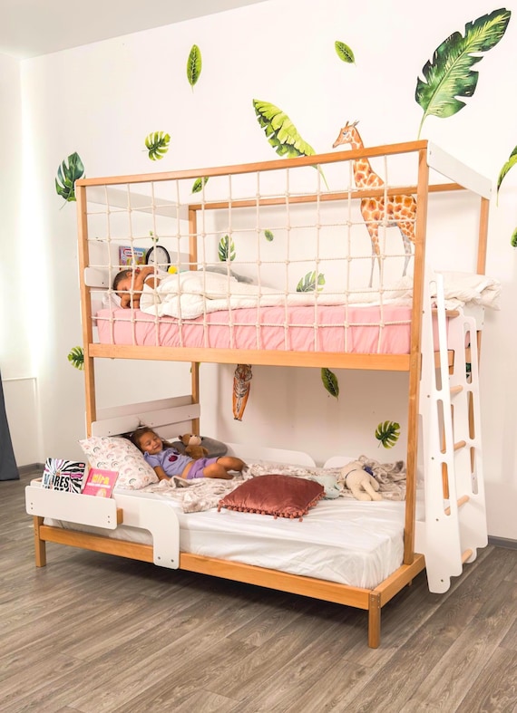 Twin Over Full Kids Bunk Bed, Toddler Bunk Bed, Montessori Twins Bed, Kids Playhouse, Loft Kids Bed with Climbing Net, Kids Furniture