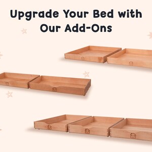 May include: Upgrade your bed with our add-ons.  Four wooden storage drawers with a simple design.