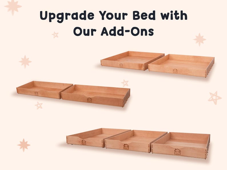 May include: Upgrade your bed with our add-ons.  Four wooden storage drawers with a simple design.