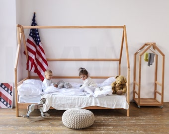 House Wooden Bed Frame for Toddler, Montessori Bed, Eco Furniture for Kids, Bed with Legs, Climbing Bed, Indoor Playground, Loft Bed