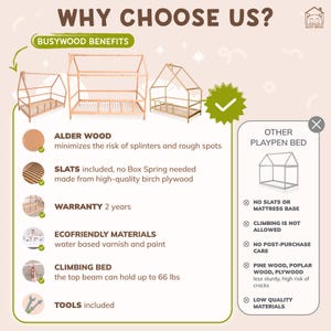 May include: A comparison chart highlighting the benefits of a wooden playpen bed made from alder wood with slats included, compared to a playpen bed made from pine, poplar, and plywood. The alder wood playpen bed features a 2-year warranty, eco-friendly materials, and a climbing bed that can hold up to 66 lbs. The other playpen bed is described as having no slats or mattress base, climbing is not allowed, no post-purchase care, and low-quality materials.