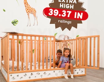 Toddler Bed with High Rails, Montessori Floor Bed with Fall Protection, Toddler Safety Bed, Wooden Playpen Bed with Slats, Kids Furniture