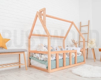 Montessori Floor Wood Bed, Nursery Decor, Bed for First Birthday Gift, Climbing Bed, Toddler Platform Bed, Indoor Playground, Baby Play Gym