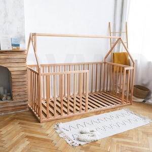 House Playpen Bed with Fall Protection and Slatted Frame by Busywood, Solid Wood Platform Bed image 2