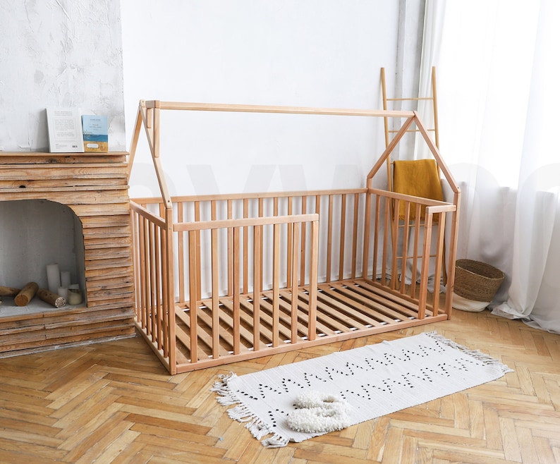 House Playpen Bed with Fall Protection and Slatted Frame by Busywood, Solid Wood Platform Bed image 2