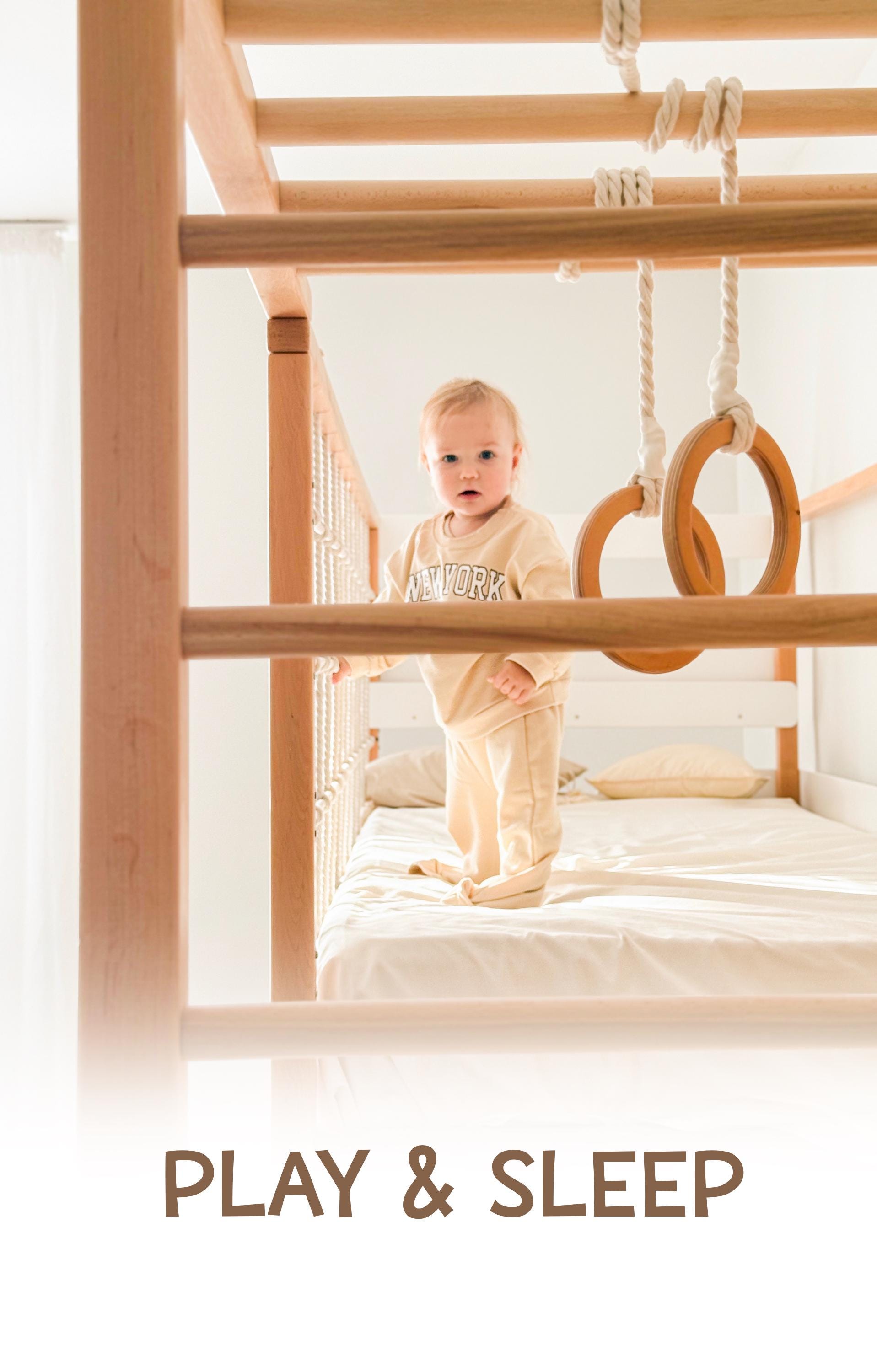 Montessori Jungle Gym Bed, Wooden Indoor Climbing Frame, Bunk Bed