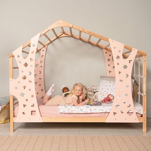 Toddler Climbing Bed, Montessori Baby Gym, Wooden Bed Frame with Climbing Wall & Rope Wall Net