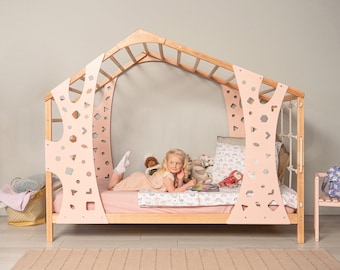 Toddler Climbing Bed, Montessori Baby Gym, Wooden Bed Frame with Climbing Wall & Rope Wall Net