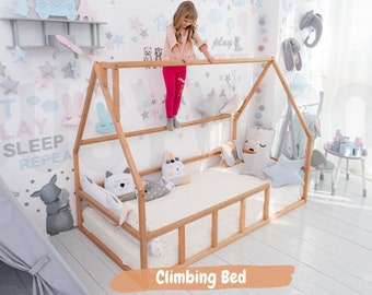 Montessori Bed, House Bed, Frame Bed, Floor Bed for Toddler by Busywood, Solid Wood Bed, Climbing Bed, Baby Gym, Nursery Decor, Kids Bedroom