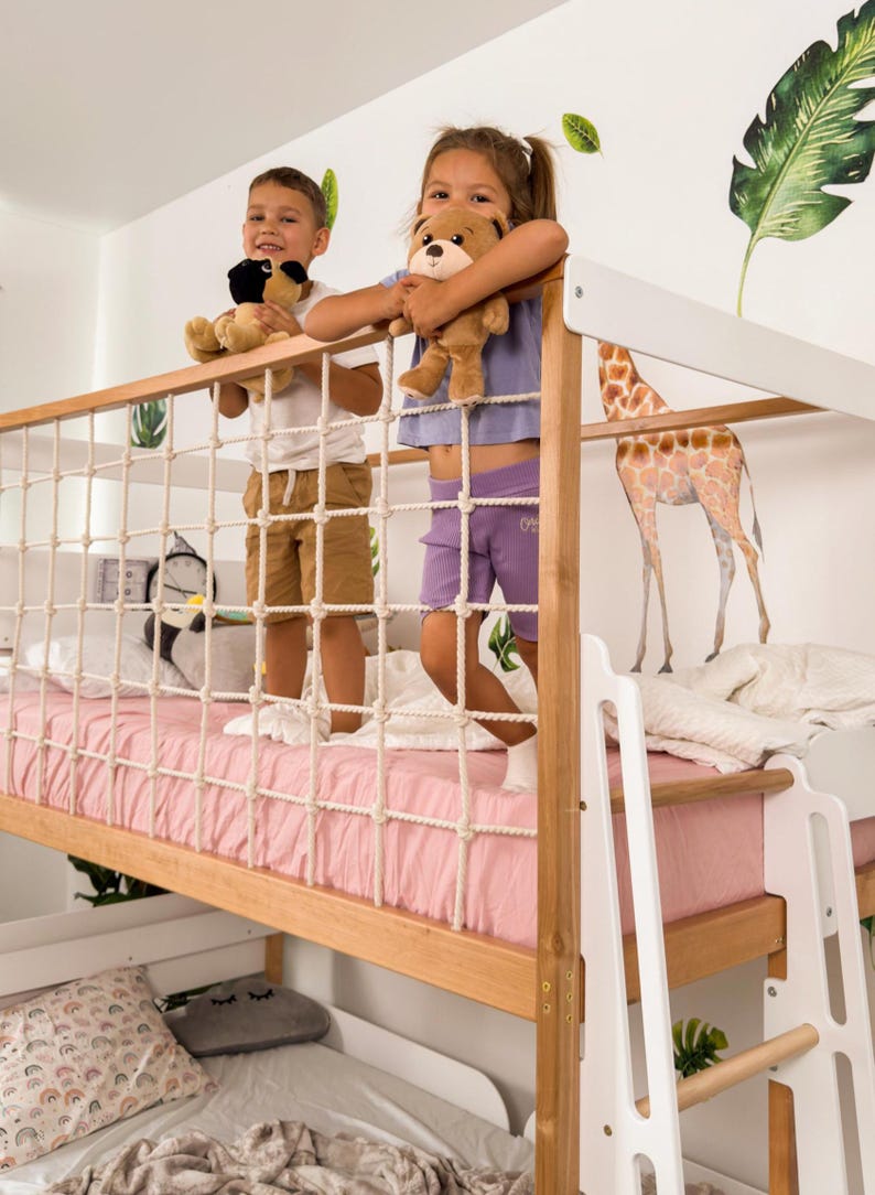 Twin Over Full Kids Bunk Bed, Toddler Bunk Bed, Montessori Twins Bed, Kids Playhouse, Loft Kids Bed with Climbing Net, Kids Furniture image 5