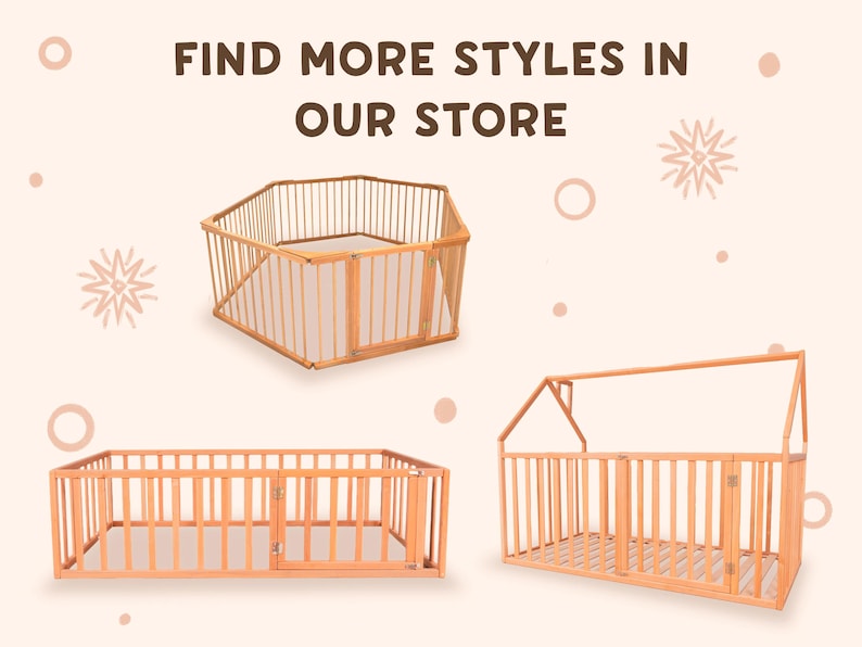 May include: Three wooden baby playpens in different shapes: a hexagon, a rectangle, and a house-shaped design. The playpens are made of light-colored wood and have vertical slats. The text "FIND MORE STYLES IN OUR STORE" is at the top.